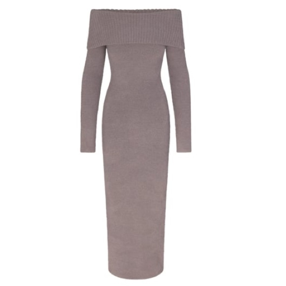 SKIMS COZY KNIT OFF THE SHOULDER DRESS | GREY CHALK - XS